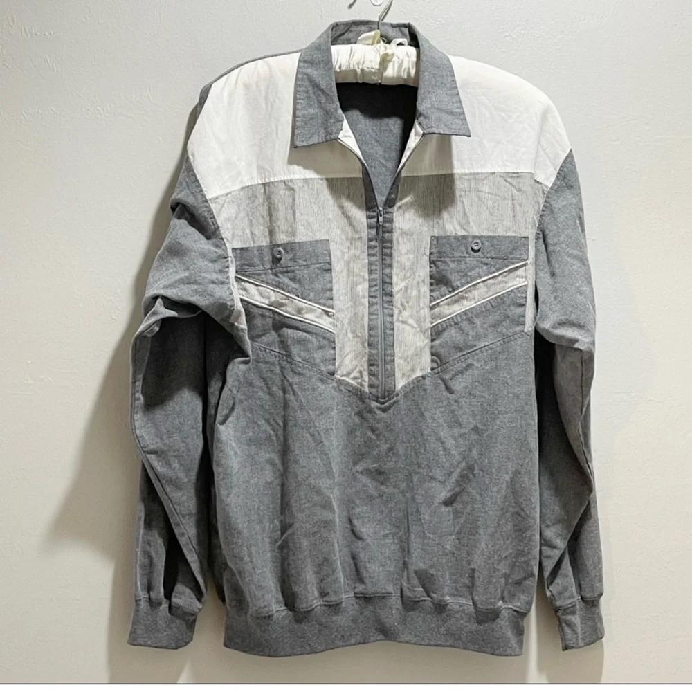 KING SIZE BRAND Men’s Big & Tall LS Gray White 1/2 Zip Pullover Shirt Jacket XLT